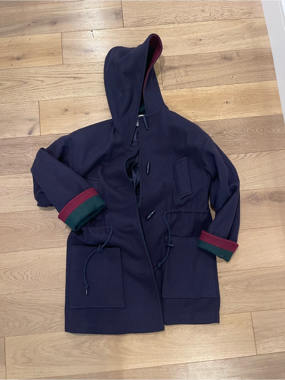 Christopher & Banks eastland Hooded Toggle Coat with Green & Burgundy Trim
